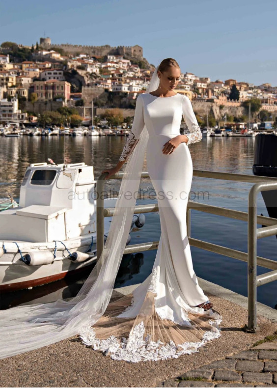 Long Sleeves Beaded Ivory Lace Satin Sheer Back Wedding Dress